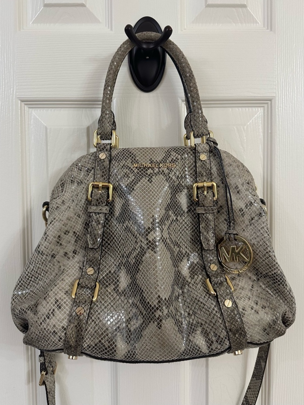 Michael Kors Snake-Print Satchel in Gray and Black with Gold Hardware AND wallet